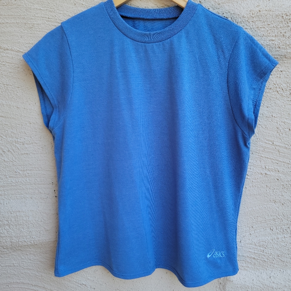 ASICS Dri-Release Performance Fabric Cap Sleeve Blue Shirt. Size- L